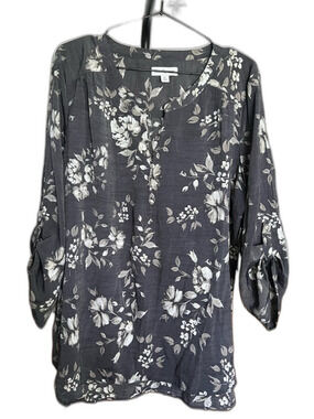 Kim Rogers Dark Gray Floral Button-Front Tunic Top NWT XL